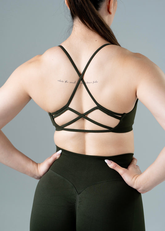 Women Seamless Knitted Cross-Back Bra Army Green