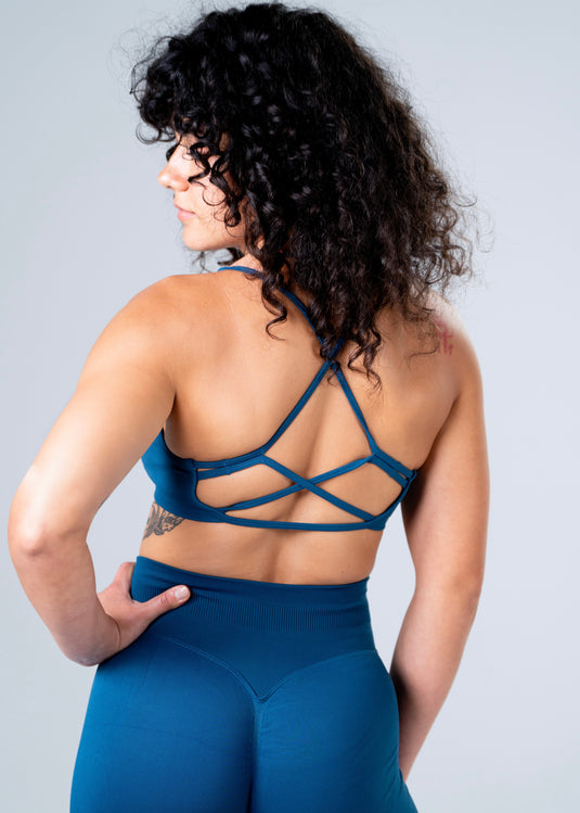 Women Seamless Knitted Cross-Back Bra Navy